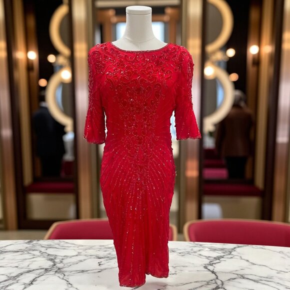 Vintage Styleworks Red Silk Beaded Cocktail Dress Holiday Glam Gala Party Size 1 - Picture 1 of 10